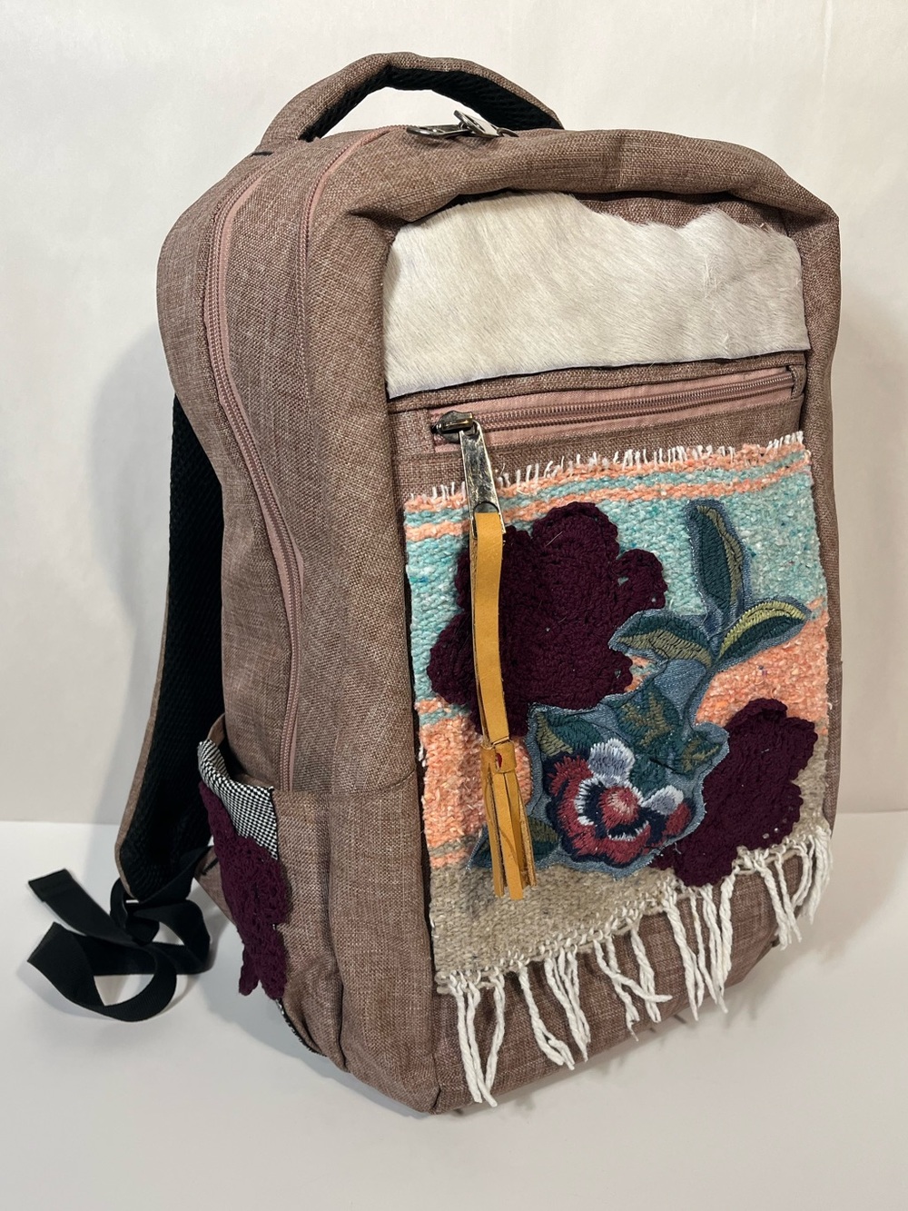 Boho Floral Hand Embroidered Embellished Upcycled Backpack Mauve